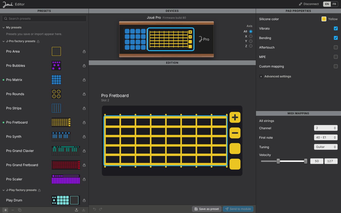 The Joué Editor with a J-Pro connected: the board, the selected module and its MIDI settings